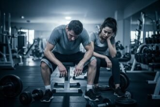 atleta exausto apoiado em grade de academia com sinais de fadiga por excesso de treinamento físico