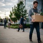 Funcionário carregando caixa ao sair de escritório de empresa de tecnologia após demissão