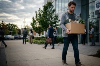 Funcionário carregando caixa ao sair de escritório de empresa de tecnologia após demissão