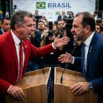 Diagrama com posicionamento dos partidos políticos brasileiros no espectro ideológico em 2026