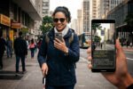 Pessoa com deficiência visual utilizando smartphone com recurso de inteligência artificial para identificação de objetos.
