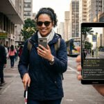 Pessoa com deficiência visual utilizando smartphone com recurso de inteligência artificial para identificação de objetos.