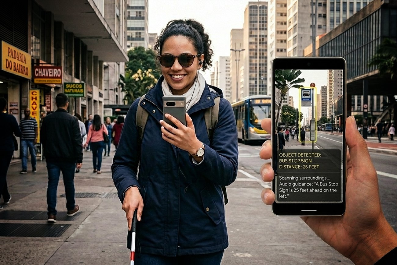 Pessoa com deficiência visual utilizando smartphone com recurso de inteligência artificial para identificação de objetos.