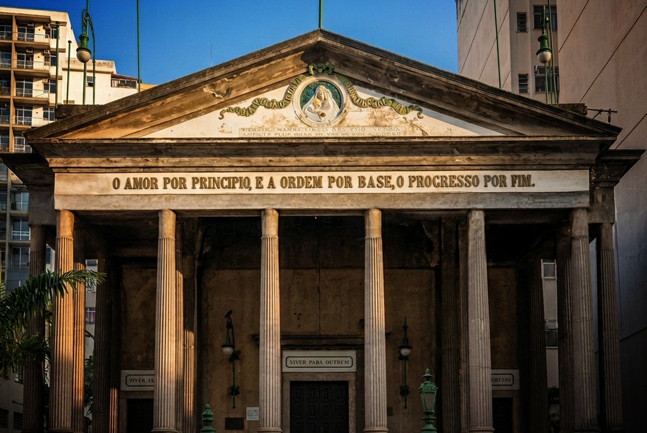 Fachada neoclássica do Templo da Humanidade, sede da Igreja Positivista do Brasil, no bairro da Glória, Rio de Janeiro
