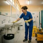 Trabalhador da limpeza de banheiro