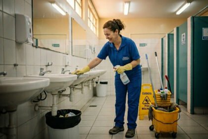 Trabalhador da limpeza de banheiro