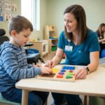 Criança sendo atendida por profissional de saúde em centro especializado de reabilitação para autismo