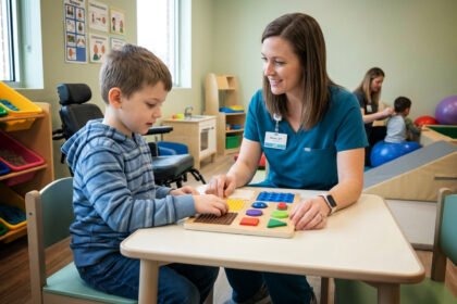 Criança sendo atendida por profissional de saúde em centro especializado de reabilitação para autismo