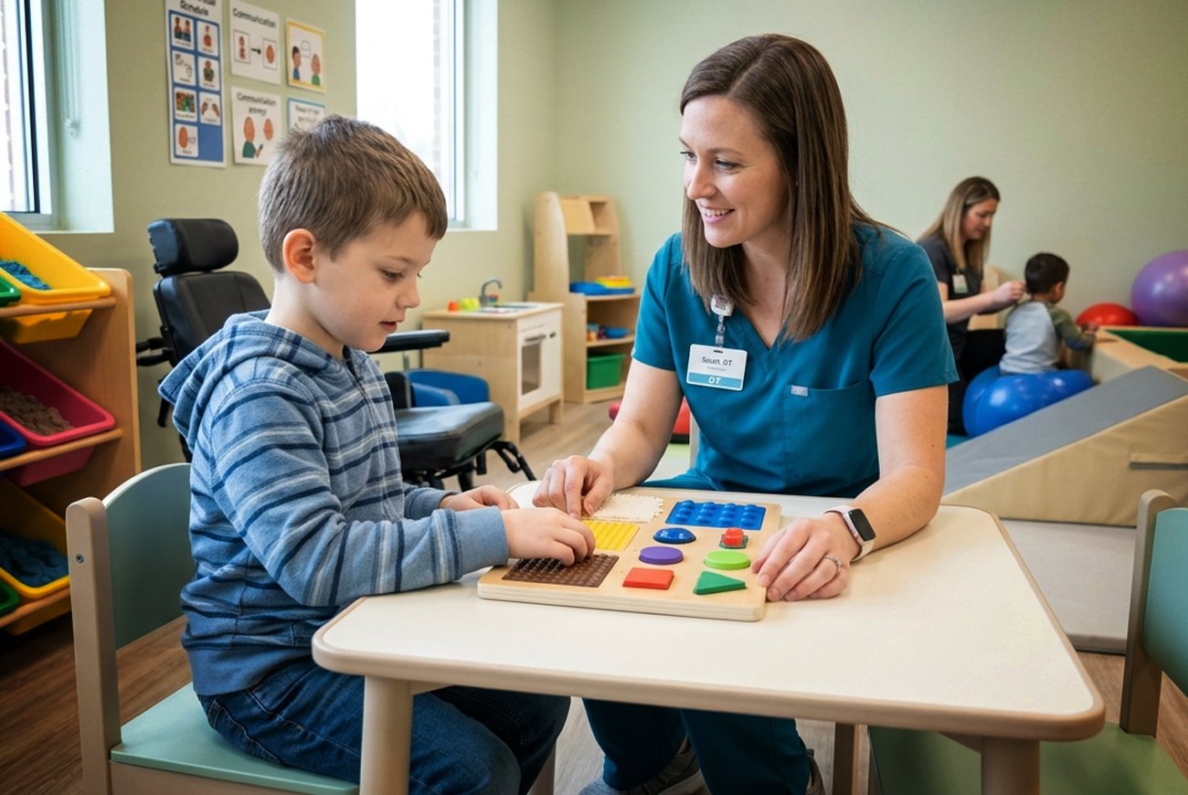 Criança sendo atendida por profissional de saúde em centro especializado de reabilitação para autismo