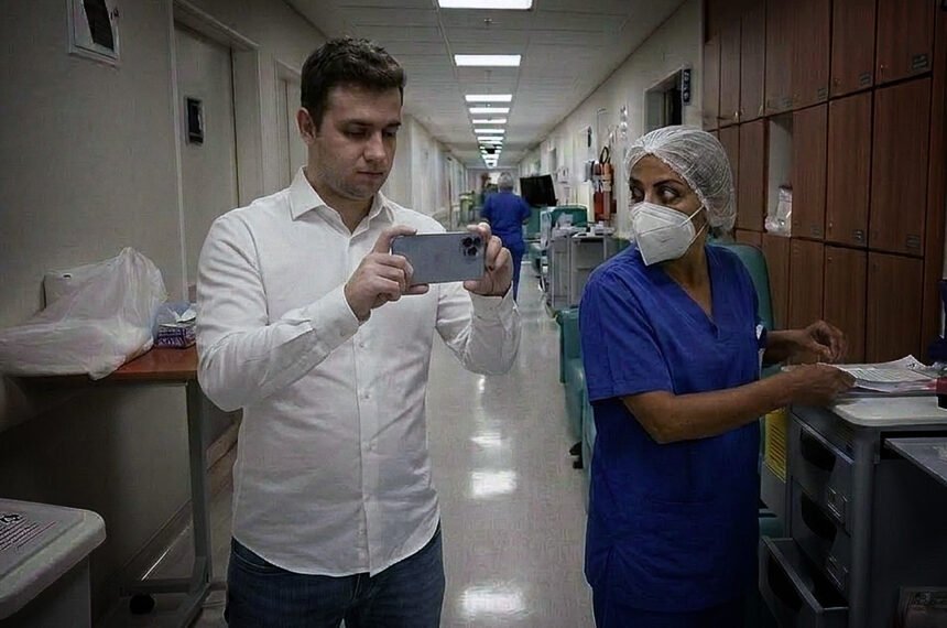 Vereador dentro de hospital filmando as dependências internas com uma enfermeira ao seu lado.