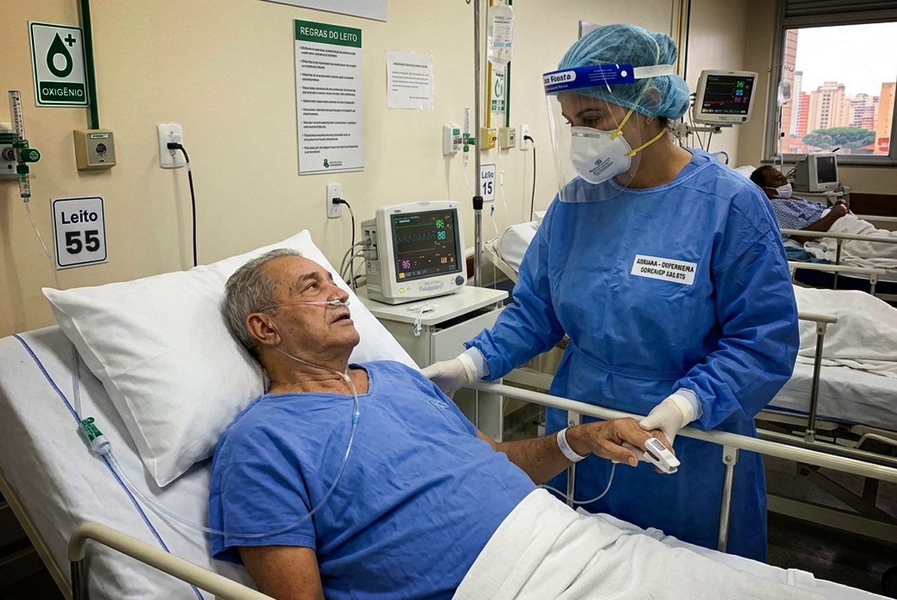 Profissional de saúde durante a pandemia de Covid-19, representando trabalhadores que têm direito à indenização prevista na Lei 14.128/2021