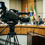 Câmera de TV apontada para microfone em plenário municipal, representando controle da mídia por políticos locais