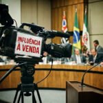 Microfone de rádio em primeiro plano e prefeitura desfocada ao fundo, representando a relação entre poder público e mídia local