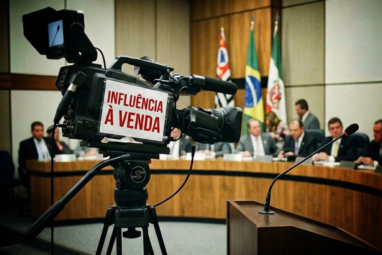 Microfone de rádio em primeiro plano e prefeitura desfocada ao fundo, representando a relação entre poder público e mídia local