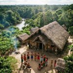 Vista aérea de uma densa floresta preservada no Amazonas com luz solar entre as árvores. Representantes de comunidade tradicional na Amazônia conversando em frente a uma maloca de madeira.