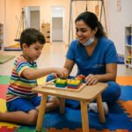 Criança com autismo em sessão de terapia com profissional de saúde