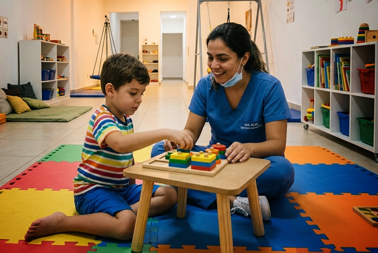 Criança com autismo em sessão de terapia com profissional de saúde