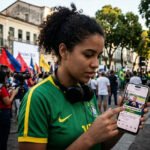 Político brasileiro usando smartphone para comunicação política nas redes sociais em 2026