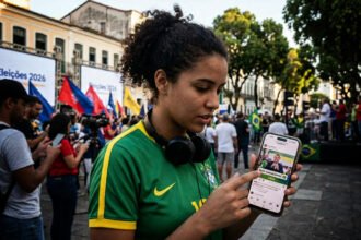 Político brasileiro usando smartphone para comunicação política nas redes sociais em 2026