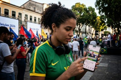 Político brasileiro usando smartphone para comunicação política nas redes sociais em 2026