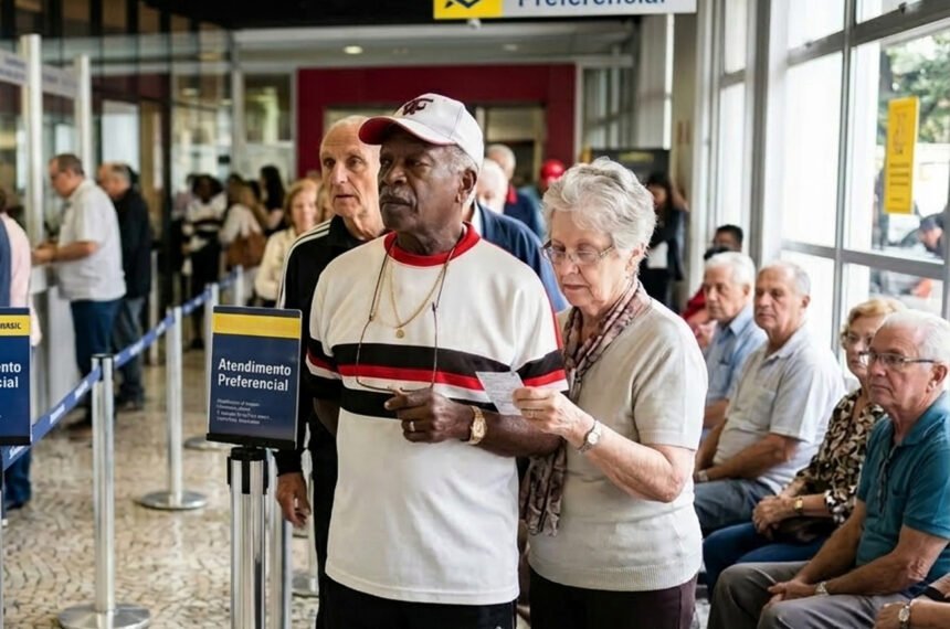 Aposentados recebendo o pagamento da aposentadoria no banco do Brasil.
