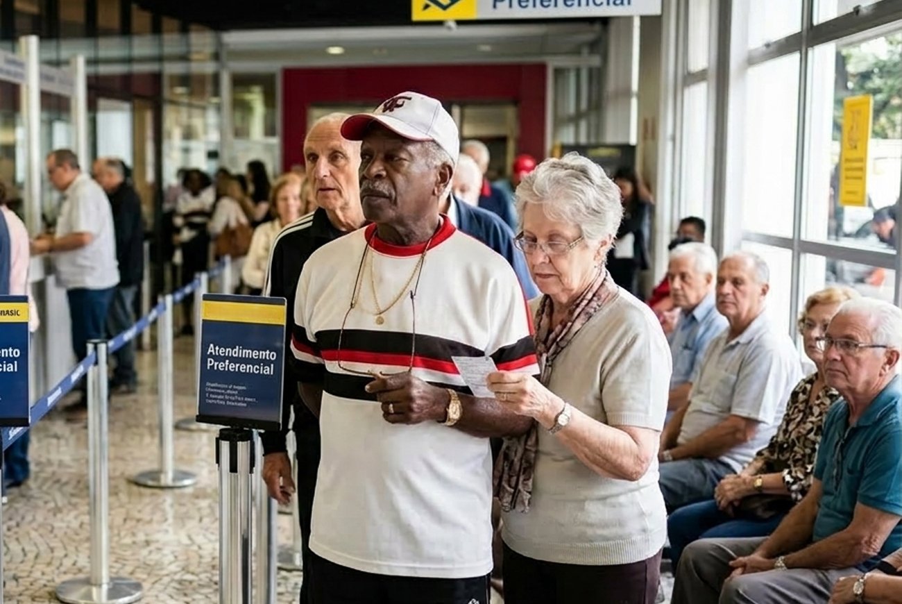 Aposentados recebendo o pagamento da aposentadoria no banco do Brasil.