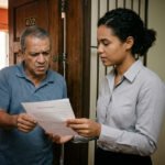 Homem abrindo a porta do apartamento pintado com bons móveis no Brasil com rosto tenso. Mulher na sua frente mostrando um papel.