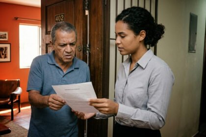 Homem abrindo a porta do apartamento pintado com bons móveis no Brasil com rosto tenso. Mulher na sua frente mostrando um papel.