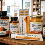 Potes de suplementos de cúrcuma em cápsulas sobre superfície branca com folhas da planta ao fundo