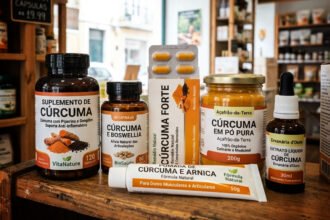 Potes de suplementos de cúrcuma em cápsulas sobre superfície branca com folhas da planta ao fundo