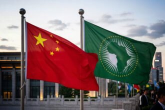 Bandeiras da China e da União Africana representando o acordo comercial de tarifa zero em vigor
