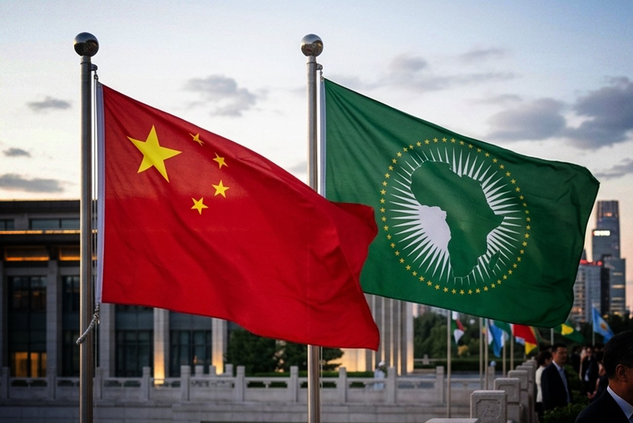 Bandeiras da China e da União Africana representando o acordo comercial de tarifa zero em vigor