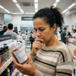 Pessoa lendo o rótulo de um suplemento alimentar em cápsulas na farmácia