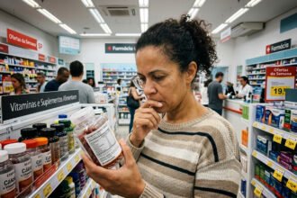 Pessoa lendo o rótulo de um suplemento alimentar em cápsulas na farmácia