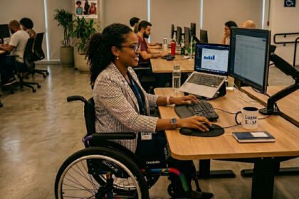 Pessoa com deficiência física em cadeira de rodas usando computador em ambiente de trabalho acessível
