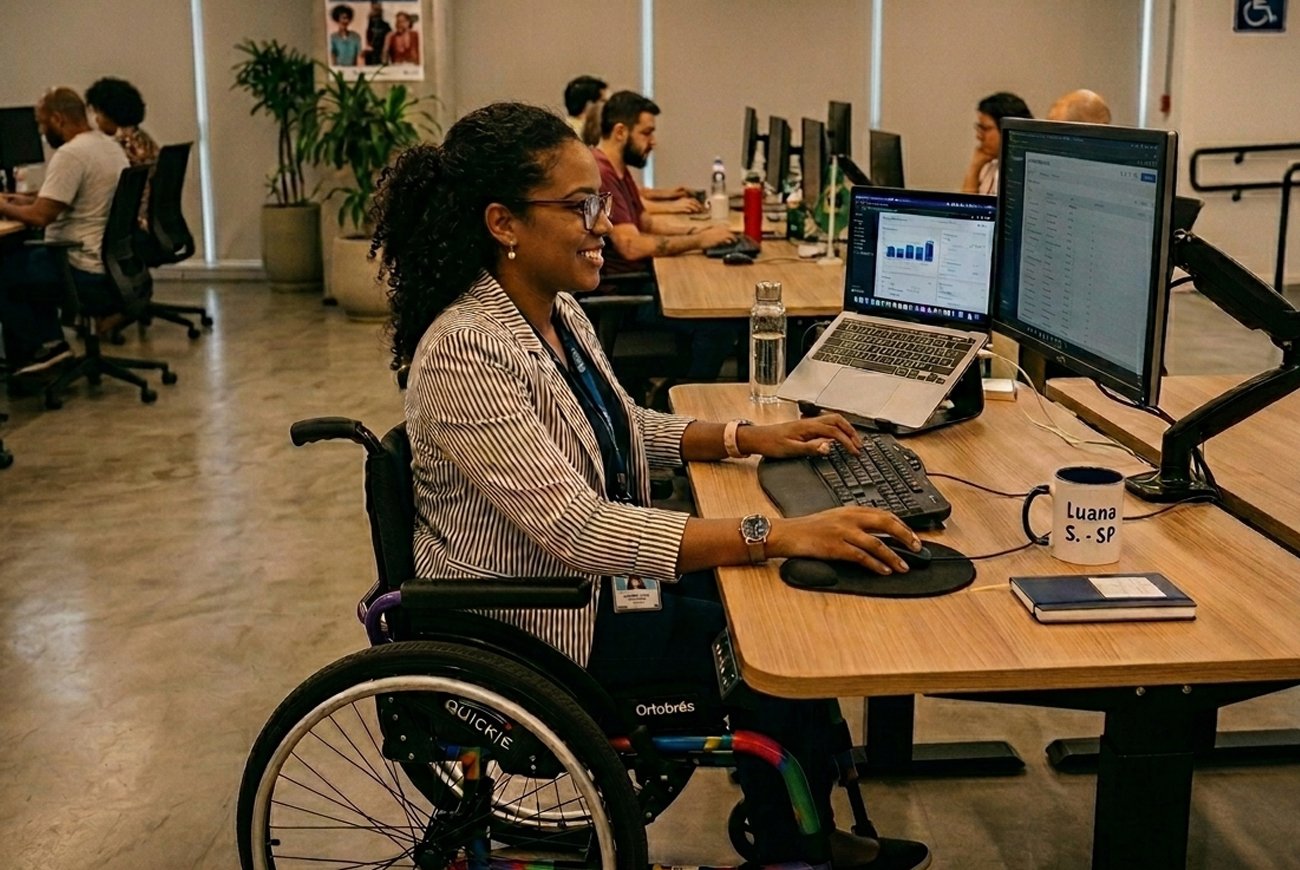 Pessoa com deficiência física em cadeira de rodas usando computador em ambiente de trabalho acessível
