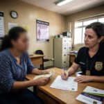Mulher em delegacia solicitando medida protetiva de urgência pela Lei Maria da Penha