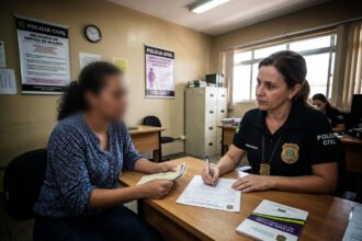 Mulher em delegacia solicitando medida protetiva de urgência pela Lei Maria da Penha