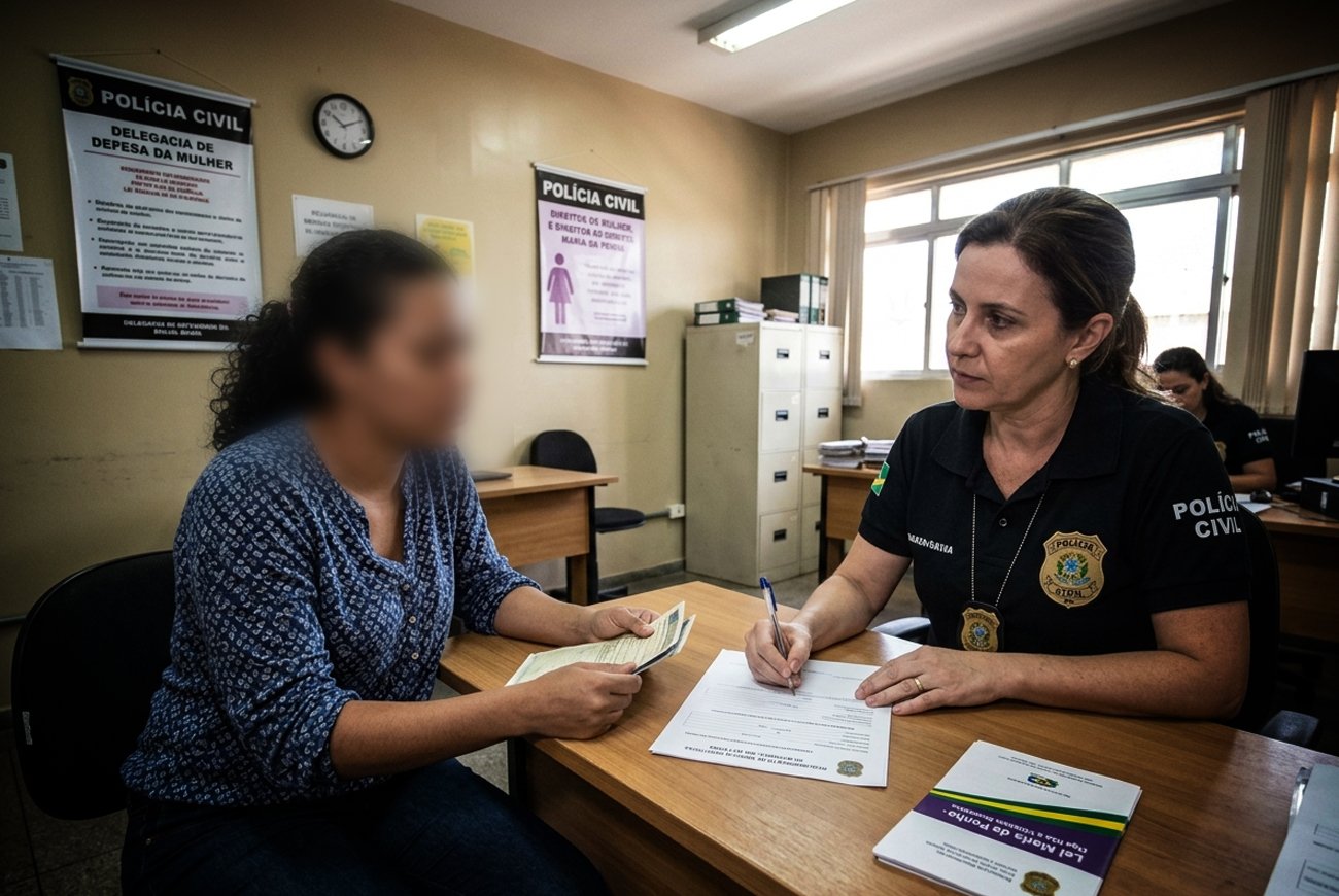 Mulher em delegacia solicitando medida protetiva de urgência pela Lei Maria da Penha