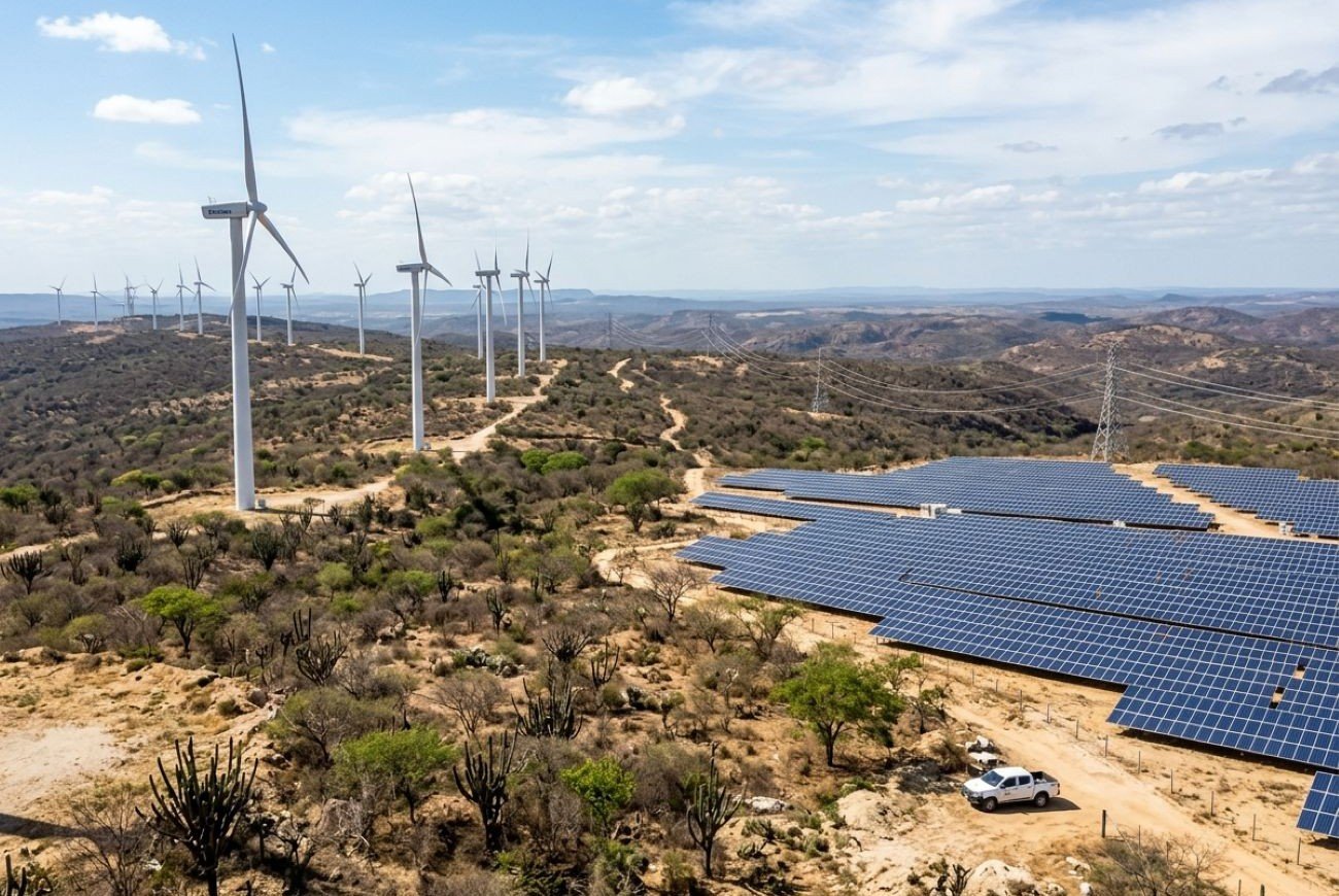 Turbinas eólicas e painéis solares no sertão do Nordeste brasileiro com linhas de transmissão ao fundo