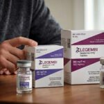 Frasco do medicamento Leqembi com seringa de infusão intravenosa em ambiente hospitalar