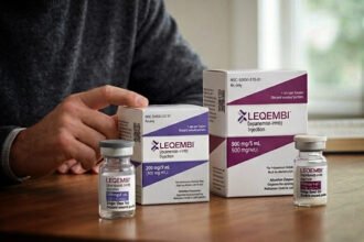 Frasco do medicamento Leqembi com seringa de infusão intravenosa em ambiente hospitalar