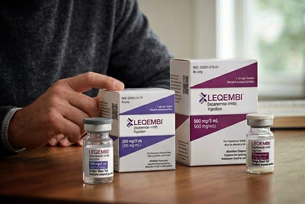 Frasco do medicamento Leqembi com seringa de infusão intravenosa em ambiente hospitalar