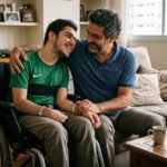 Pai e filho adulto com deficiência sentados juntos, representando dependência e sustento familiar