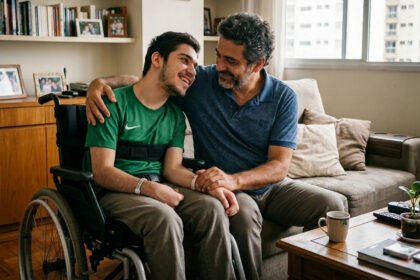 Pai e filho adulto com deficiência sentados juntos, representando dependência e sustento familiar