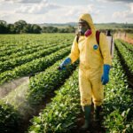 Trabalhador rural em lavoura com equipamento de proteção contra agrotóxicos no Brasil