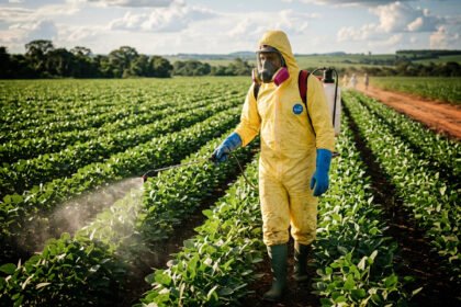 Trabalhador rural em lavoura com equipamento de proteção contra agrotóxicos no Brasil