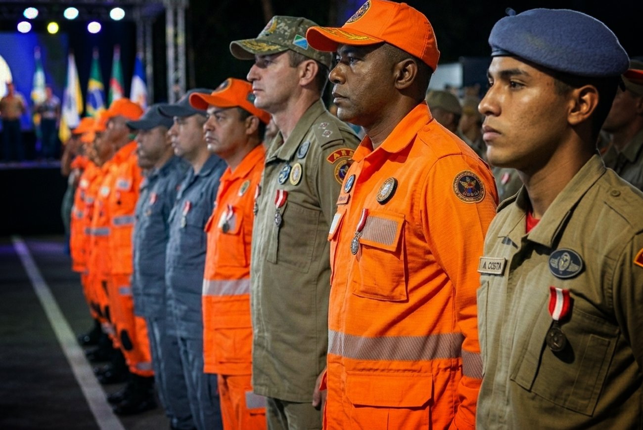 Policial militar e bombeiro em farda durante apresentação de segurança pública nas ruas