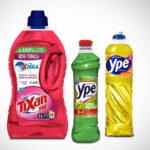 Produtos da marca Ypê dispostos em prateleira de supermercado, incluindo detergente, sabão líquido e desinfetante