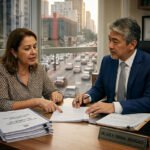 Pessoa consultando advogado sobre documentos de revisão de pensão alimentícia em escritório